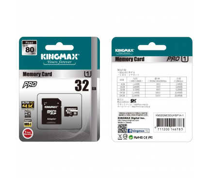Card Memorie microSDHC Kingmax PRO, 32Gb, Clasa 10 / UHS-1 U1, cu Adaptor KM32GMCSDUHSP1A