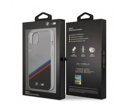 Husa TPU BMW M Tricolor Stripes pentru Apple iPhone 13 mini, Transparenta BMHCP13SMHLPK 