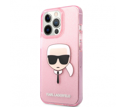 Husa TPU Karl Lagerfeld Full Glitter Karl Head pentru Apple iPhone 13 Pro Max, Roz KLHCP13XKHTUGLP 