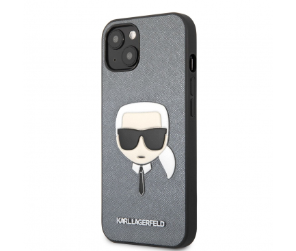 Husa Piele Ecologica Karl Lagerfeld Saffiano Karl Head pentru Apple iPhone 13 mini, Argintie KLHCP13SSAKHSL 