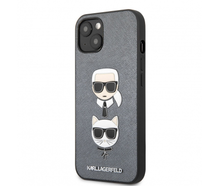 Husa Karl Lagerfeld Saffiano K&C Heads pentru Apple iPhone 13, Argintie KLHCP13MSAKICKCSL 