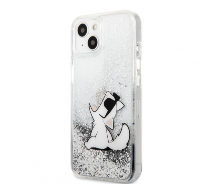 Husa TPU Karl Lagerfeld Liquid Glitter pentru Apple iPhone 13 mini, Choupette Eat, Argintie KLHCP13SGCFS 