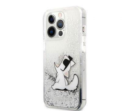 Husa TPU Karl Lagerfeld Liquid Glitter pentru Apple iPhone 13 Pro, Choupette Eat, Argintie KLHCP13LGCFS 