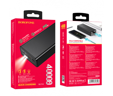 Baterie Externa Powerbank Borofone BJ11A Rider, 40000 mA, Standard Charge (5V) - Quick Charge 3.0 - Power Delivery (PD), Neagra 