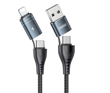 Cablu Date si Incarcare USB Type-C / USB la USB Type-C / Lightning Remax Wanen 4in1, 1.2 m, 2.4A, Negru RC-164 