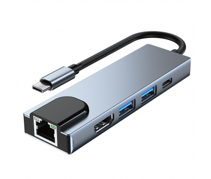 Hub USB Type-C Tech-Protect DV3, 5in1, USB Type-C la 2 x USB 3.0 - USB Type-C - HDMI - RJ45, Gri 