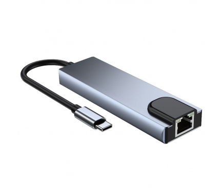 Hub USB Type-C Tech-Protect DV3, 5in1, USB Type-C la 2 x USB 3.0 - USB Type-C - HDMI - RJ45, Gri 