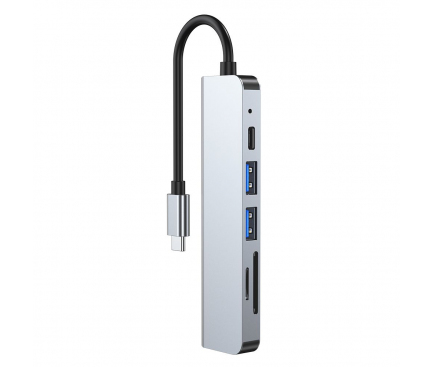 Hub USB Tech-Protect DV4, 6in1, USB Type-C la 2 x USB 3.0 - USB Type-C - HDMI - SD - microSDGri 