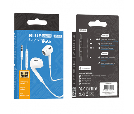 Handsfree Casti EarBuds BLUE Power BBM30 Max, Cu microfon, 3.5 mm, 1.2m, Alb 