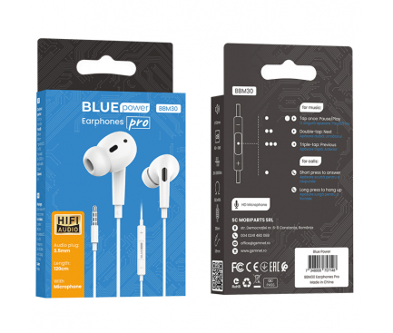 Handsfree Casti In-Ear BLUE Power BBM30 Pro, Cu microfon, 3.5 mm, 1.2m, Alb 