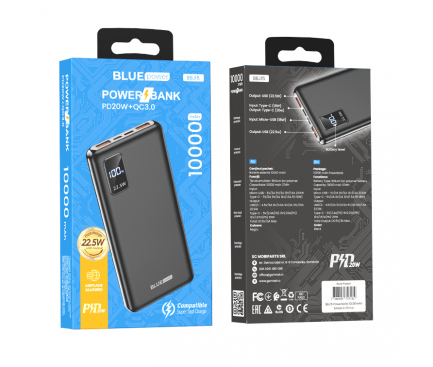 Baterie Externa BLUE Power BBJ15, 10000mAh, 22.5W, QC + PD, 2 x USB-A - 1 x USB-C, Neagra