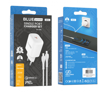 Incarcator Retea Cu Cablu Lightning BLUE Power BBN3, 20W, 3A, 1 x USB-C, Alb