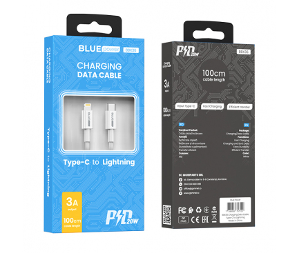 Cablu Date si Incarcare USB Type-C la Lightning BLUE Power BBX36, 1 m, 3A, Alb 