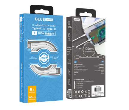 Cablu Date si Incarcare USB Type-C la USB Type-C BLUE Power BBX44, 1 m, 5A, Alb 