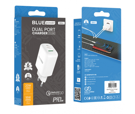 Incarcator Retea USB BLUE Power BBN4 Potential, Quick Charge, 20W, 1 X USB - 1 X USB Tip-C, Alb 
