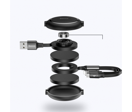 Cablu Incarcare USB la Lightning / USB Type-C / MicroUSB Baseus Golden Loop, 1.2 m, 3in1, 3.5A, Retractabil, Negru CAMLT-JH01 