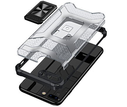 Husa Plastic - TPU OEM Crystal Ring Case Kickstand Tough Rugged pentru Apple iPhone 7 Plus / Apple iPhone 8 Plus, Neagra Gri 