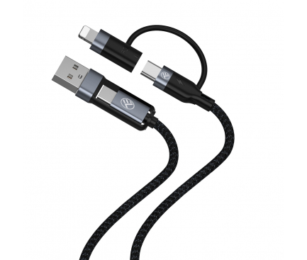 Cablu Date si Incarcare USB Type-C / USB la USB Type-C / Lightning Tellur 4in1, 1 m, Negru TLL155411 