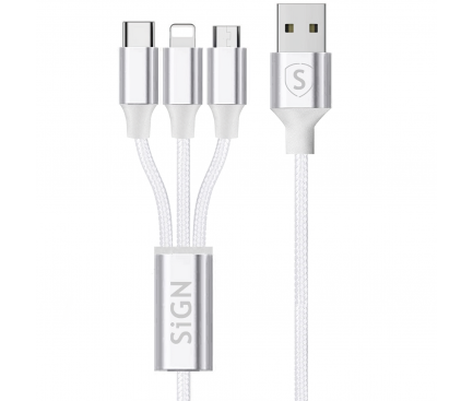 Cablu Incarcare USB la Lightning / USB Type-C / MicroUSB SiGN 3in1, 0.25 m, 3A, Alb SN-3IN1CABWH 