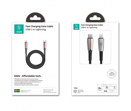 Cablu Date si Incarcare USB Type-C la Lightning SiGN Fast Charging, 1.2 m, 3A, 36W, PD, Negru SN-L417 