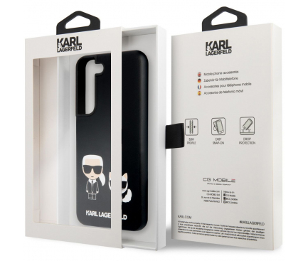 Husa TPU Karl Lagerfeld Liquid Silicone pentru Samsung Galaxy S22 5G S901, Karl and Choupette, Neagra KLHCS22SSSKCK 