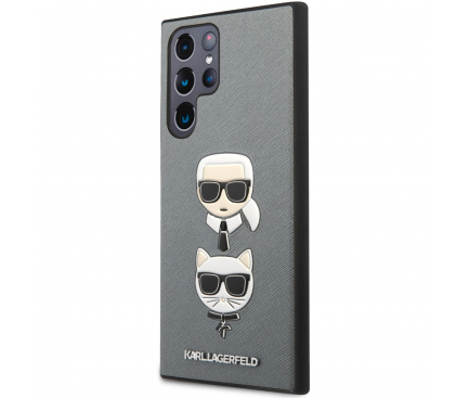 Husa Karl Lagerfeld Saffiano K&C Heads pentru Samsung Galaxy S22 Ultra 5G S908, Argintie KLHCS22LSAKICKCSL 