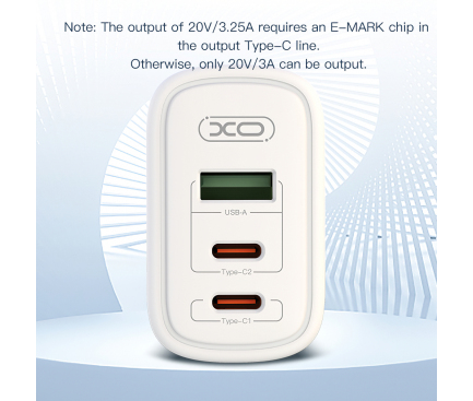 Incarcator Retea USB XO Design CE04A, GaN, Quick Charge, 65W, 1 X USB - 2 x USB Tip-C, Alb 