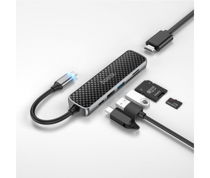 Hub USB Type-C HOCO HB24 Easy Display, HDMI - USB3.0 - USB2.0 - SD - TF - PD, Negru 
