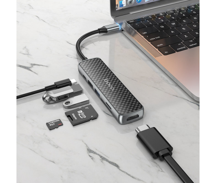 Hub USB-C HOCO HB24 Easy Display, USB-A 3.0 - USB-A - USB-C - HDMI - SD - microSD, Negru