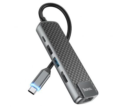 Hub USB-C HOCO HB23 Easy Display, USB-A 3.0 - USB-C - HDMI - RJ45, Negru