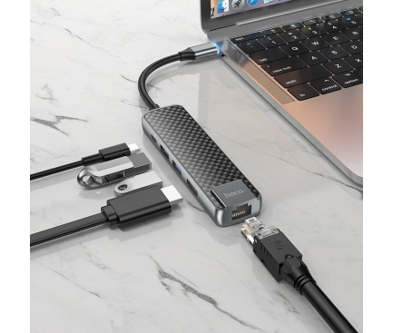 Hub USB-C HOCO HB23 Easy Display, USB-A 3.0 - USB-C - HDMI - RJ45, Negru