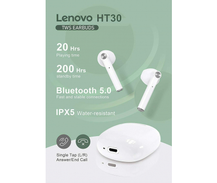 Handsfree Casti Bluetooth Lenovo HT30-WH, SinglePoint, TWS, Alb 