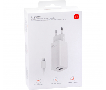 Incarcator Retea cu Cablu USB-C Xiaomi GaN, 65W, 3.25A, 1 x USB-A - 1 x USB-C, Alb BHR5515GL