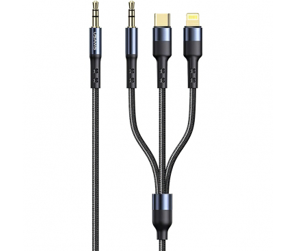 Cablu Audio Jack 3.5mm la Jack 3.5mm/ Type-C/ Lightning Usams US-SJ556, 1.2 m, 3in1, Negru SJ556YP01