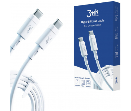 Cablu Date si Incarcare USB-C - USB-C 3MK Hyper Silicone, 60W, 1m, Alb
