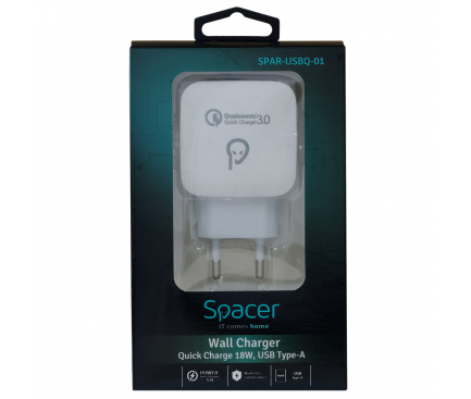 Incarcator Retea Spacer, 18W, 3A, 1 x USB-A, Alb SPAR-USBQ-01