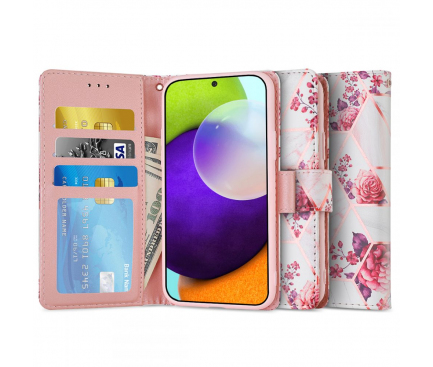 Husa Piele Ecologica - TPU Tech-Protect Wallet pentru Samsung Galaxy A52 A525 / Samsung Galaxy A52s 5G A528, Floral Rose, Roz THP428FLOROS 