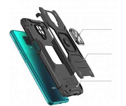 Husa Plastic - TPU WZK Ring Tough Armor Kickstand pentru Xiaomi Redmi Note 9 Pro / Xiaomi Redmi Note 9S, Neagra 