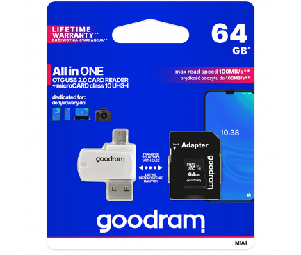 Card Memorie MicroSDXC GoodRam, 64Gb, Clasa 10 / UHS-1 U1, Cu Cititor Card si Adaptor SD M1A4-0640R12