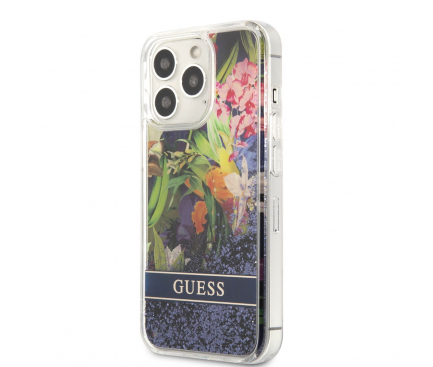 Husa pentru Apple iPhone 13 Pro, Guess, Liquid Glitter Flower, Bleu GUHCP13LLFLSB