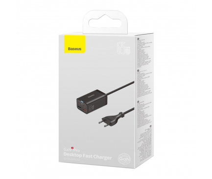 Incarcator Retea Cu Cablu USB-C Baseus GaN3 Pro, 65W, 3A, 2 x USB-A - 2 x USB-C, Negru CCGP040101