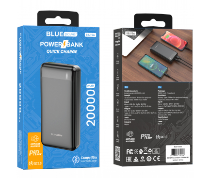 Baterie Externa BLUE Power BBJ19A Incredible, 20000mAh, 20W, QC + PD, 1 x USB-A - 1 x USB-C, Neagra