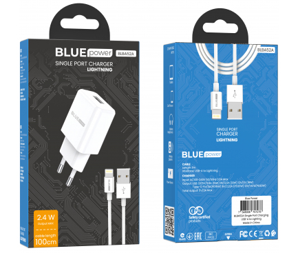 Incarcator Retea cu Cablu Lightning BLUE Power BLBA52A, 10W, 2A, 1 x USB-A, Alb