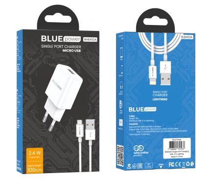 Incarcator Retea cu Cablu microUSB BLUE Power BMBA52A, 10W, 2A, 1 x USB-A, Alb