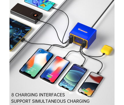 Incarcator retea Statie USB Mechanic iCharge, 7 x USB - 1 x USB Type-C, Quick Charge, 50W, Ecran, Albastru 