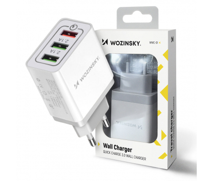Incarcator Retea USB WZK WWC-01, Quick Charge, 30W, 3 x USB, Alb 
