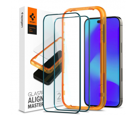 Folie Protectie Ecran Spigen Align Master pentru Apple iPhone 14 Pro, Sticla securizata, Full Face, Full Glue, Set 2 bucati, Neagra AGL05216