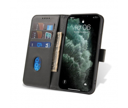 Husa Piele Ecologica OEM Leather Flip Magnet pentru Motorola Moto G9 Play / Motorola Moto E7 Plus, Neagra 