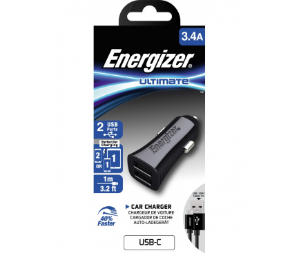 Incarcator Auto cu Cablu USB-C Energizer, 12W, 2.4A, 2 x USB-A, Negru DCA2CUC23