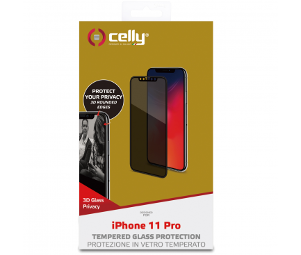 Folie de protectie Ecran Privacy Celly pentru Apple iPhone 11 Pro, Sticla securizata, Full Glue PRIVACY3D1000BK
